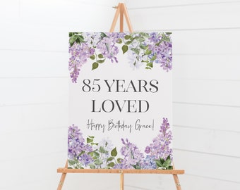 85th Birthday Party Sign - Printable Welcome Poster - Lilac Birthday Party Signage - Purple Birthday Party Decorations - 85 Years Loved