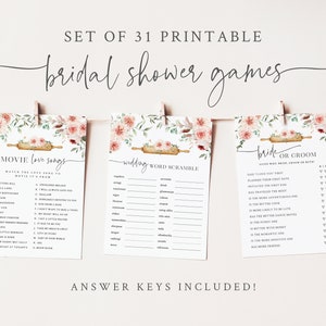 May include: Set of 31 printable bridal shower games with floral and rolling pin designs. The games include "Movie Love Songs", "Wedding Word Scramble", and "Bride or Groom".