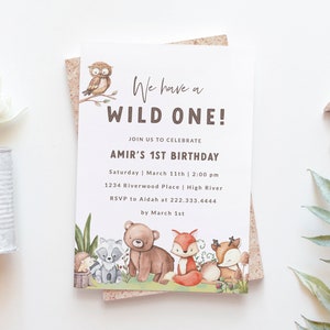 Woodland Animals Birthday Invitation - Printable Wild One Birthday Invite - Forest Friends First Birthday Party Invitation - Bear Birthday