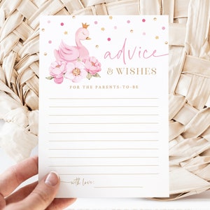 Consejos y deseos para baby shower de princesa cisne: tarjeta imprimible de 5 x 7: baby shower de cisne rosa y dorado: tarjetas de consejos para baby shower de niñas rosas