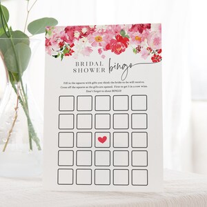 Tarjeta de juego de bingo nupcial - Juego de bingo imprimible para regalo de despedida de soltera por el día de San Valentín - Juegos de despedida de soltera con flores rosas y rojas - Bingo de boda