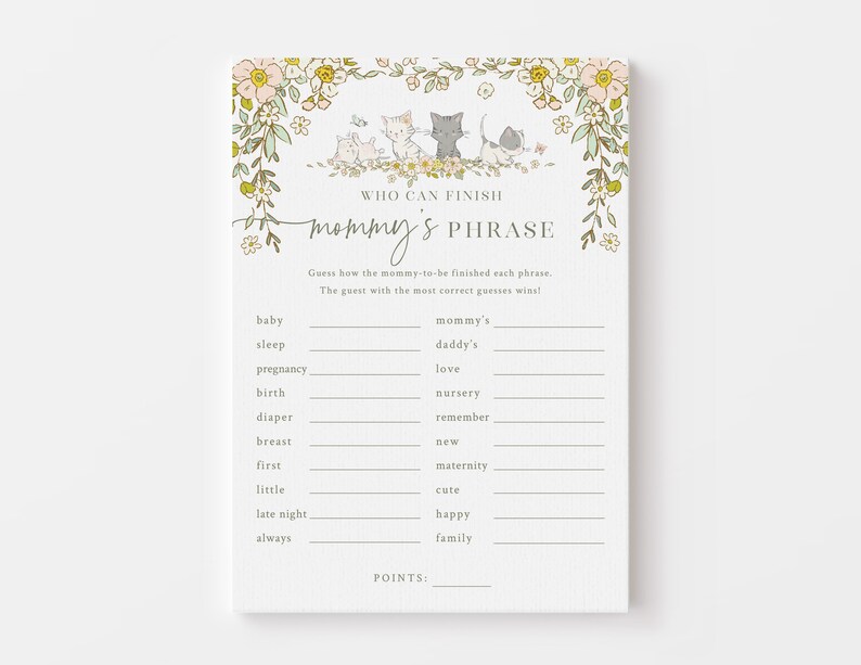 Op de afbeelding: Een printbaar babyshower-spel met een bloemige rand en een schattige illustratie van katten. Het spel heet "Wie kan mama's zin afmaken" en vraagt ​​gasten om te raden hoe de aanstaande moeder elke zin zou afmaken.
