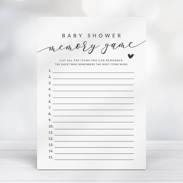 Baby Shower Memory Game Card - Baby Item Memory Game Printable - Modern Black and White Baby Shower Game - Gender Neutral Baby Shower Game