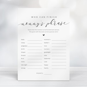 Voltooi Mommy's Phrase babyshowerspel - Afdrukbare gamekaart - Zwart-wit Genderneutrale babyshoweractiviteit - Maak haar zinsspel af