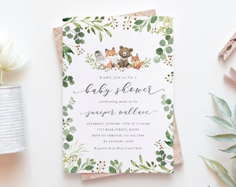 Greenery Woodland Baby Shower Invitation - Gender Neutral Forest Friends Baby Shower Invite - Printable Woodland Animals Party Invitation