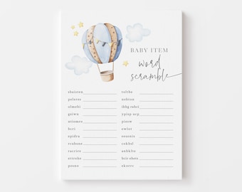 Little Explorer Baby Shower - Baby Word Scramble Game - 5x7 Printable Game - Blue Hot Air Balloon Baby Shower - Baby Item Word Scramble Game