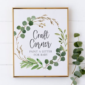 Letrero para estación de manualidades para baby shower: pinta una letra para el letrero para bebé: letrero para estación de actividades para baby shower: decoración para baby shower en verde y blanco