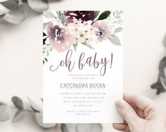 Purple Floral Baby Shower Invite - Oh Baby Shower Invitation - Summer Garden Baby Shower Invitation Printable - Lavender and Silver Sage