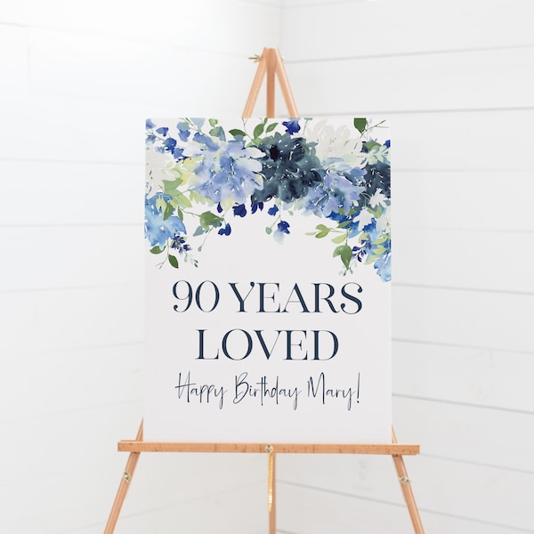 Blue Floral Birthday Party Sign - 90th Birthday Party Welcome Sign Printable - 90 Years Loved - Milestone Birthday Party Decorations