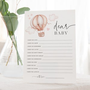 Auguri per il bambino - Baby shower a tema viaggio - Biglietto stampabile 5x7 Dear Baby - Tema mongolfiera rosa - Tema avventura Up Up And Away