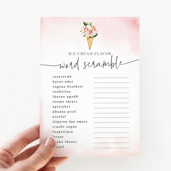 Ice Cream Flavor Word Scramble - Printable Word Scramble Game - She's Been Scooped Up Bridal Shower - Ice Cream Themed Wedding Shower Game