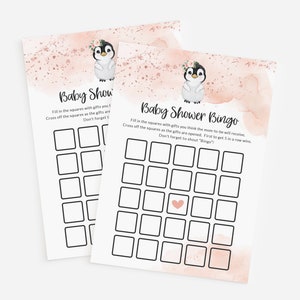 Carte de jeu de bingo pour baby shower sur le thème des pingouins - jeu de bingo cadeau imprimable - cadeau de bingo pour bébé - baby shower pingouin rose - baby shower d'hiver