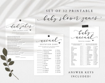 Baby Shower Games Bundle - Set of 32 Printable Baby Shower Games and Activities - Black and White Minimalist Baby Shower Games Package