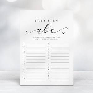 Baby Item ABC Game - Printable Alphabet Race Game - Gender Neutral Baby Shower Game - Black and White Minimalist Baby Shower Game Printable