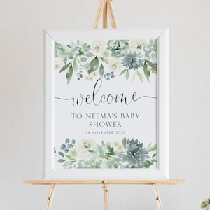 Sukkulenten Baby Shower Willkommensschild - Babyparty Dekorationen - Staubblau und Salbei Babyparty Dekorationen - Junge Babyparty Willkommensschild - Greenery Baby Shower