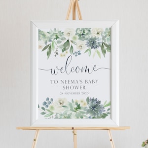 Succulent Baby Shower Welcome Sign - Dusty Blue and Sage Baby Shower Decorations - Boy Baby Shower Welcome Poster - Greenery Baby Shower