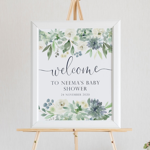 Succulent Baby Shower Welcome Sign - Dusty Blue and Sage Baby Shower Decorations - Boy Baby Shower Welcome Poster - Greenery Baby Shower