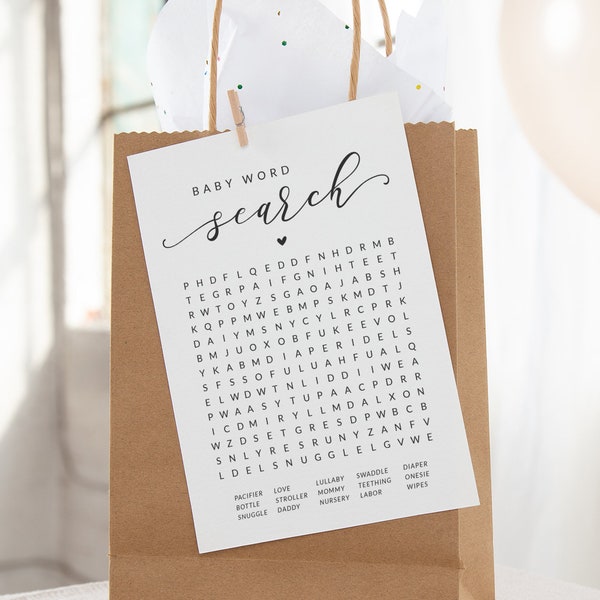 Baby Shower Word Search - Printable Baby Shower Game - Baby Word Search - Black and White Gender Neutral Baby Shower Activity - Word Game