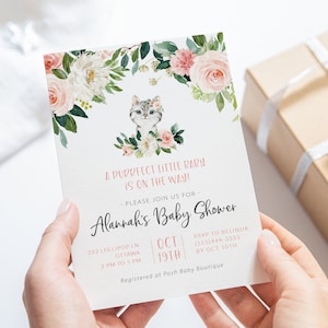 Faire-parts baby shower sur le thème chaton - Invitations fête chat - Invitations baby shower fille à imprimer - Invitations numériques florales roses