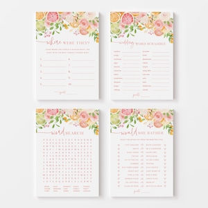 May include: A set of printable bridal shower games with a floral and citrus theme. The games include "Where Were They?", "Wedding Word Scramble", "Word Search", and "Would She Rather".