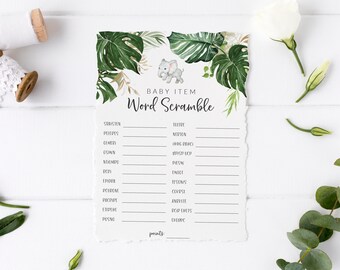 Baby Item Word Scramble Printable - Elephant Baby Shower Word Game Download - Modern Safari Baby Shower Activities - A Little Peanut Theme