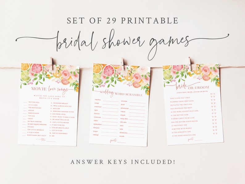 May include: Set of 29 printable bridal shower games with a citrus and floral theme. The games include "Movie Love Songs", "Wedding Word Scramble", and "Bride or Groom".