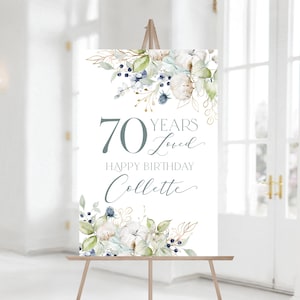 Blauw en goud verjaardagswelkomstbord | Elke leeftijd | Blauwe verjaardagsversieringen | Afdrukbaar Happy Birthday-bord | 70e verjaardagsfeestje | Bosbes