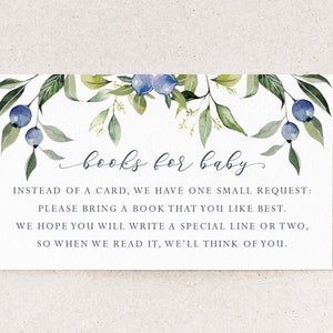 Cartes de vœux - Apportez un livre pour bébé - Cartes de vœux imprimables pour demande de livre - Papeterie pour baby shower aux bleuets