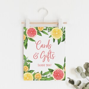 Decorações para chá de panela de verão - Placa de festa de limonada - Placa de cartões e presentes - Placa de mesa de presentes - Placa de chá de panela de frutas cítricas - Festa de limão