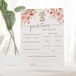 Mädchen-Häschen-Babyparty-Vorhersagen und Ratschläge - druckbare 5x7-Babyvorhersage-Karte - Frühlings-Kaninchen-Babyparty-Beratungskarte - Ostern-Thema