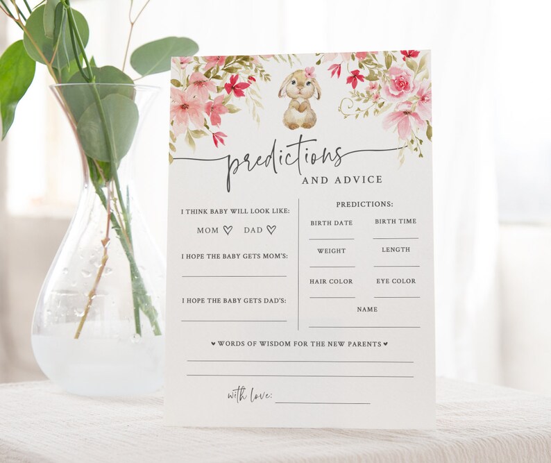 Girl Bunny Baby Shower Predictions & Advice - Printable 5x7 Baby ...