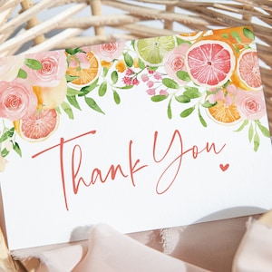 Tarjeta de agradecimiento con cítricos: tarjeta imprimible plana o plegable de 5 x 7: despedida de soltera de cítricos de verano: ella encontró su mejor opción: despedida de soltera naranja