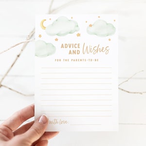Mint en goud over de maan babyshower advies- en wensenkaart - afdrukbare 5 x 7 advieskaarten - thema Twinkle Twinkle Little Star - babyadvies