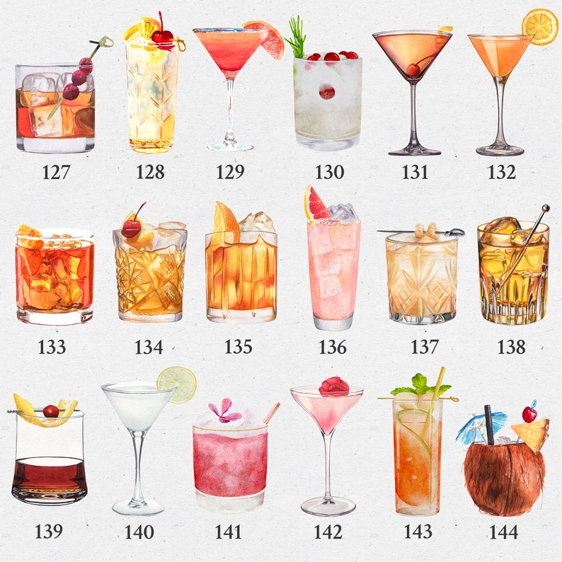 Puede incluir: Una colecci&oacute;n de 144 ilustraciones diferentes de c&oacute;cteles y bebidas, cada una con un dise&ntilde;o y una combinaci&oacute;n de colores &uacute;nicos. Las ilustraciones est&aacute;n numeradas del 127 al 144.