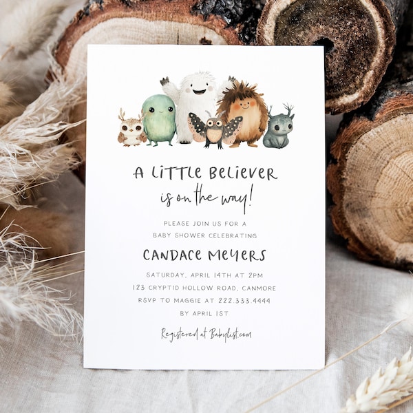 Invitación para baby shower de Cryptid / Baby shower de Little Believer / Invitación imprimible / Baby shower de criaturas míticas / Baby shower de Little Legend