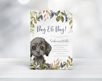 May include: Baby shower invitation with the text "Boy Oh Boy!" and a watercolor illustration of a puppy. The invitation includes details for Sabrina Wells' baby shower, including the date, time, and location.