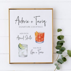 &quot;His and Hers Signature Cocktails Sign - Printable Wedding Signature Drinks Sign - Watercolor Cocktail Wedding Sign - Wedding Cocktails Sign