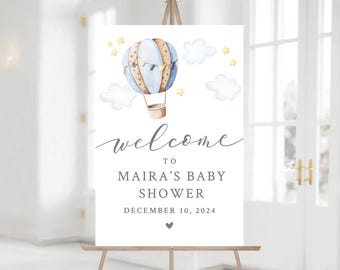 Placa de boas-vindas para chá de bebê com balão de ar quente azul - Pôster de boas-vindas para impressão - Chá de bebê com tema de viagem e aventura - Tema Up Up and Away