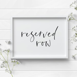 Placa de fileira reservada para cerimônia de casamento - Placa de assentos reservados para impressão - Cartões de corredor reservado - Decoração moderna - Sinalização minimalista para casamento