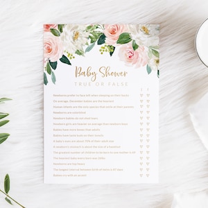 Girl Baby Shower Quiz Game - Baby Fact True or False Game Download - Pink and Gold Baby Shower Printable Games - Floral Baby Trivia Game