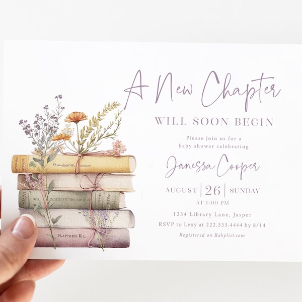 Book Themed Baby Shower Invite - Printable 5x7 Invitation - A New Chapter Will Soon Begin - Purple Girls Storybook Baby Shower Invitation