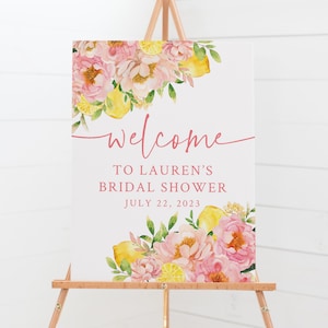 Letrero de bienvenida de Lemon Bridal Sower - Póster de bienvenida imprimible - She Found Her Main Squeeze - Despedida de soltera con temática de cítricos en rosa y amarillo