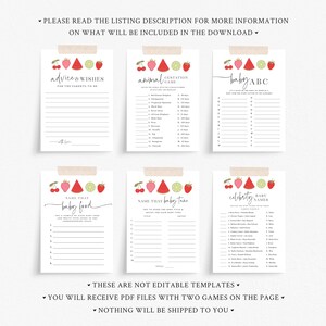 May include: Printable baby shower game cards with a watermelon, lime, and strawberry theme. The games include "Advice & Wishes for the Parents-to-Be", "Animal Gestation Game", "Baby ABC", "Name That Baby Food", "Name That Baby Tune", and "Celebrity Baby Names".