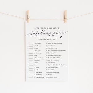 Storybook Baby Shower Trivia Game - Printable Storybook Character Matching Game - Book Themed Baby Shower Quiz Game - Black and White Game