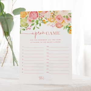Bridal Shower Apron Game - Printable Citrus Guessing Game - Kitchen Bridal Shower - Wedding Shower Kitchen Items Memory Game - Orange Theme