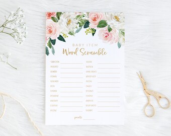Pink and Gold Baby Shower Word Scramble - Girl Baby Shower Printable Activities - Pink Floral Baby Shower Word Game - Downloadable Games