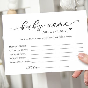 Carte de suggestions de noms de bébé - jeu de suggestions de noms imprimable pour baby shower - activité baby shower neutre en noir et blanc - jeu de noms