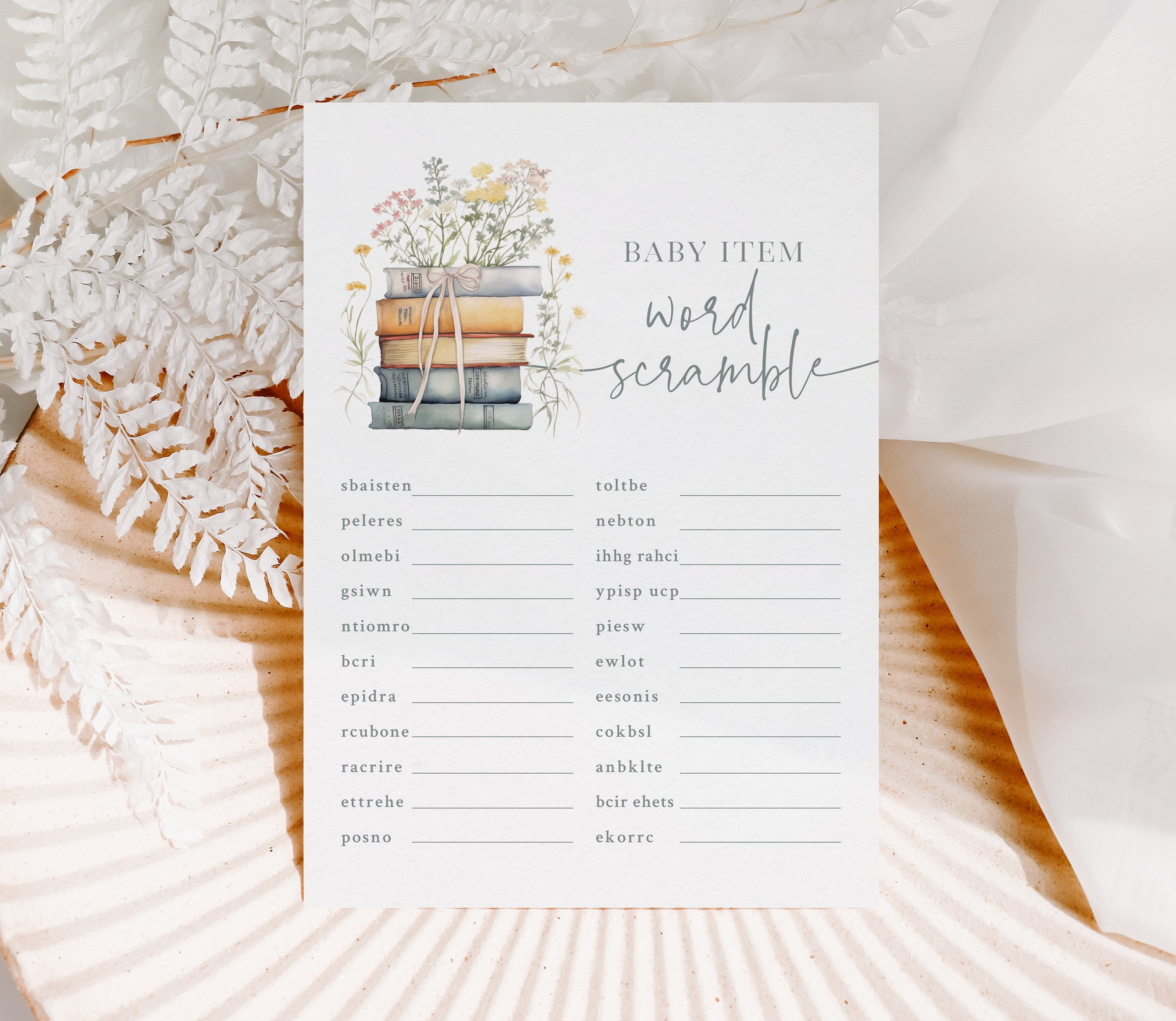 Baby Word Scramble - A New Chapter Begins Baby Shower - Printable 5x7 Game - Storybook Baby Shower Word Scramble - Build a Library Theme