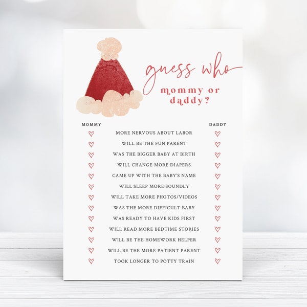 Mommy or Daddy Game - Christmas Baby Shower - Printable 5x7 Game - Santa Baby - Mom or Dad Quiz - December Baby Shower - Santa Hat Theme