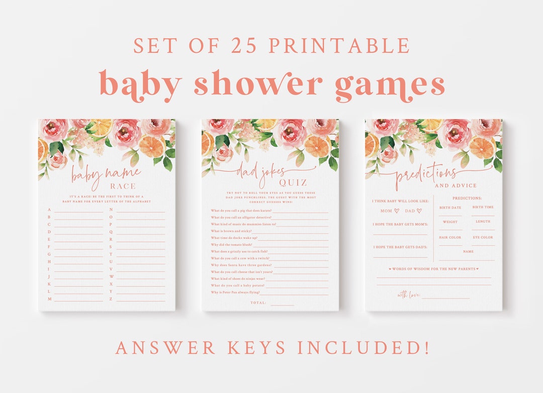 Citrus Fruit and Floral Baby Shower Game Bundle - 25 Printable Games ...